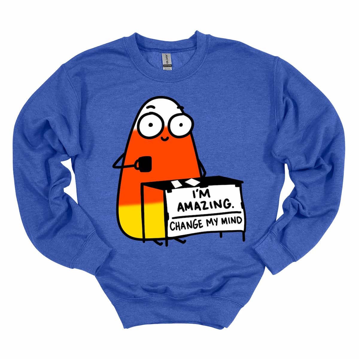 Royal blue sweatshirt featuring playful cartoon candy corn and “I’m Amazing, Change My Mind” text — Kalirally Halloween sweatshirt