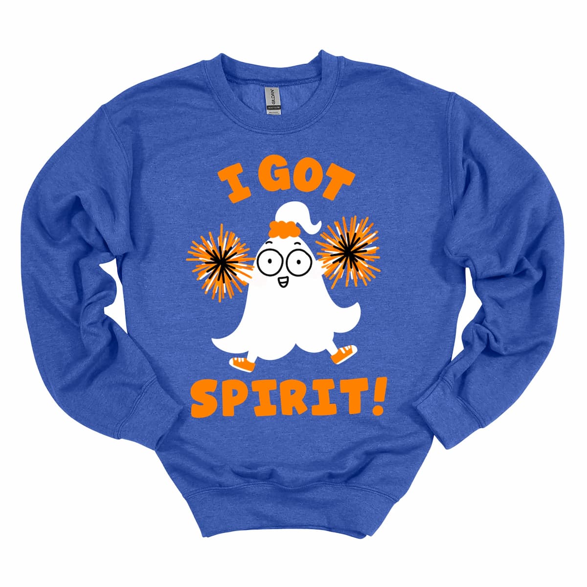 Royal blue sweatshirt with playful cheerleading ghost and “I Got Spirit!” text — Kalirally Halloween sweatshirt