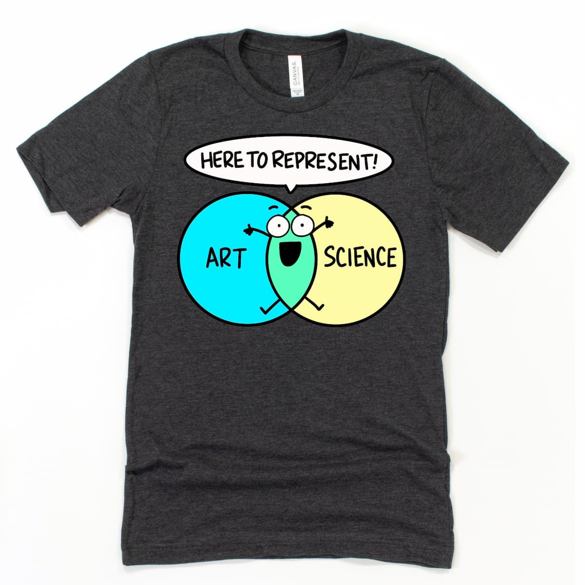 Heather Dark Grey STEAM t-shirt with whimsical art and science Venn diagram design and central cartoon figure, by Kalirally
