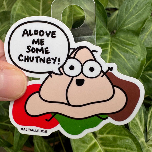 Playful water bottle sticker with cartoon samosa – “Aloove me some chutney!” decal for water bottles and laptops by Kalirally