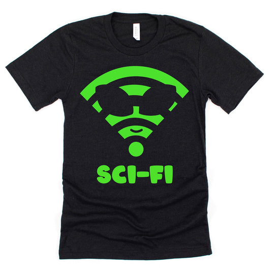Close-up of cartoon alien Wi-Fi design on heather black shirt, funny tech and sci-fi tee Kalirally