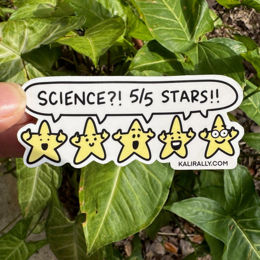 Glossy vinyl water bottle sticker by Kalirally featuring “Science 5/5 Stars!” with five thumbs-up stars, perfect for laptops, bottles, notebooks, and gifts.