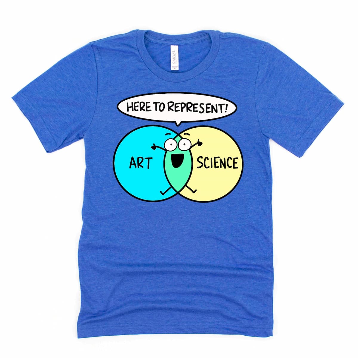 Heather True Royal Blue science and art graphic tee showing a fun cartoon in the center of a Venn diagram, by Kalirally