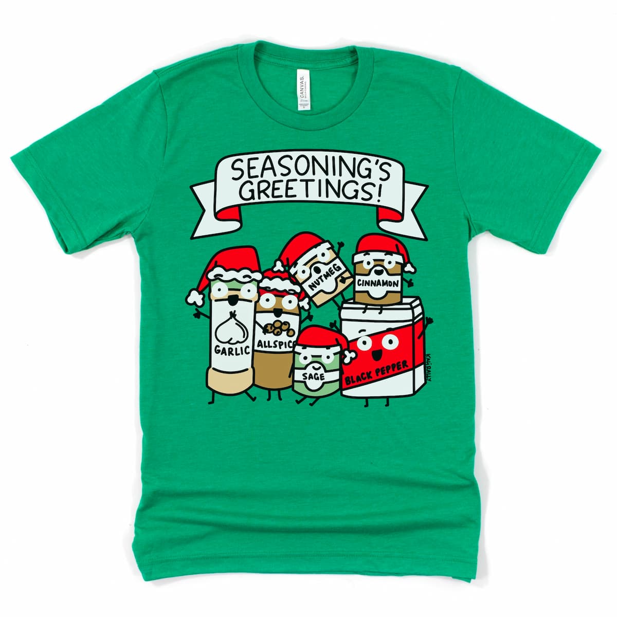 Heather Green Seasoning’s Greetings Shirt with cute cartoon spices and Christmas pun, festive foodie tee by Kalirally