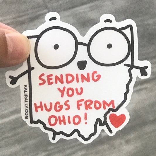 Sending Hugs From Ohio Sticker with cute cartoon design – fun State of Ohio decal by Kalirally