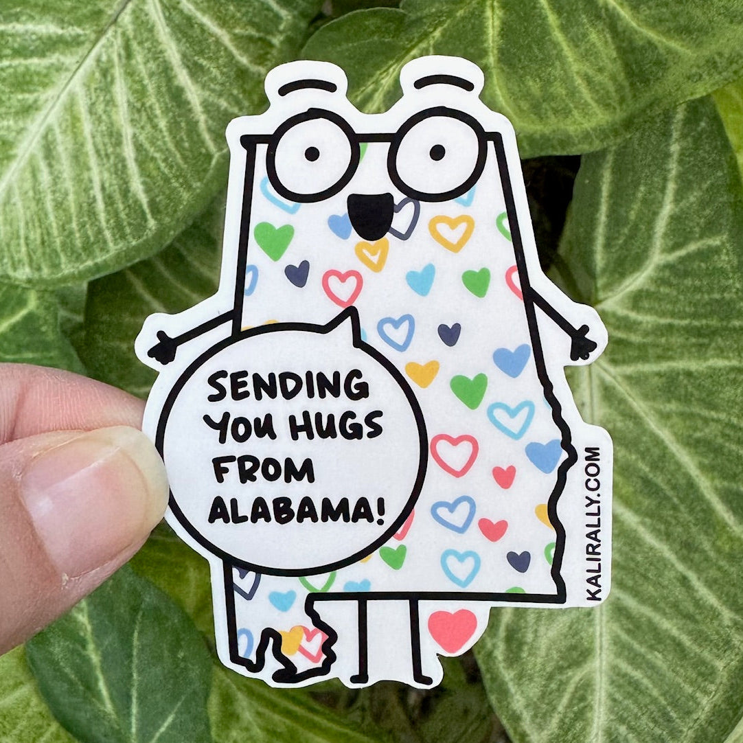 Sending you hugs from Alabama sticker featuring the state name, cute water resistant decal for long-distance friends and care packages Kalirally