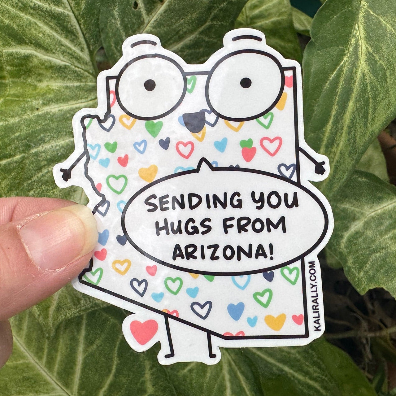 Sending you hugs from Arizona sticker featuring the state name, cute water resistant decal for long-distance friends and care packages Kalirally