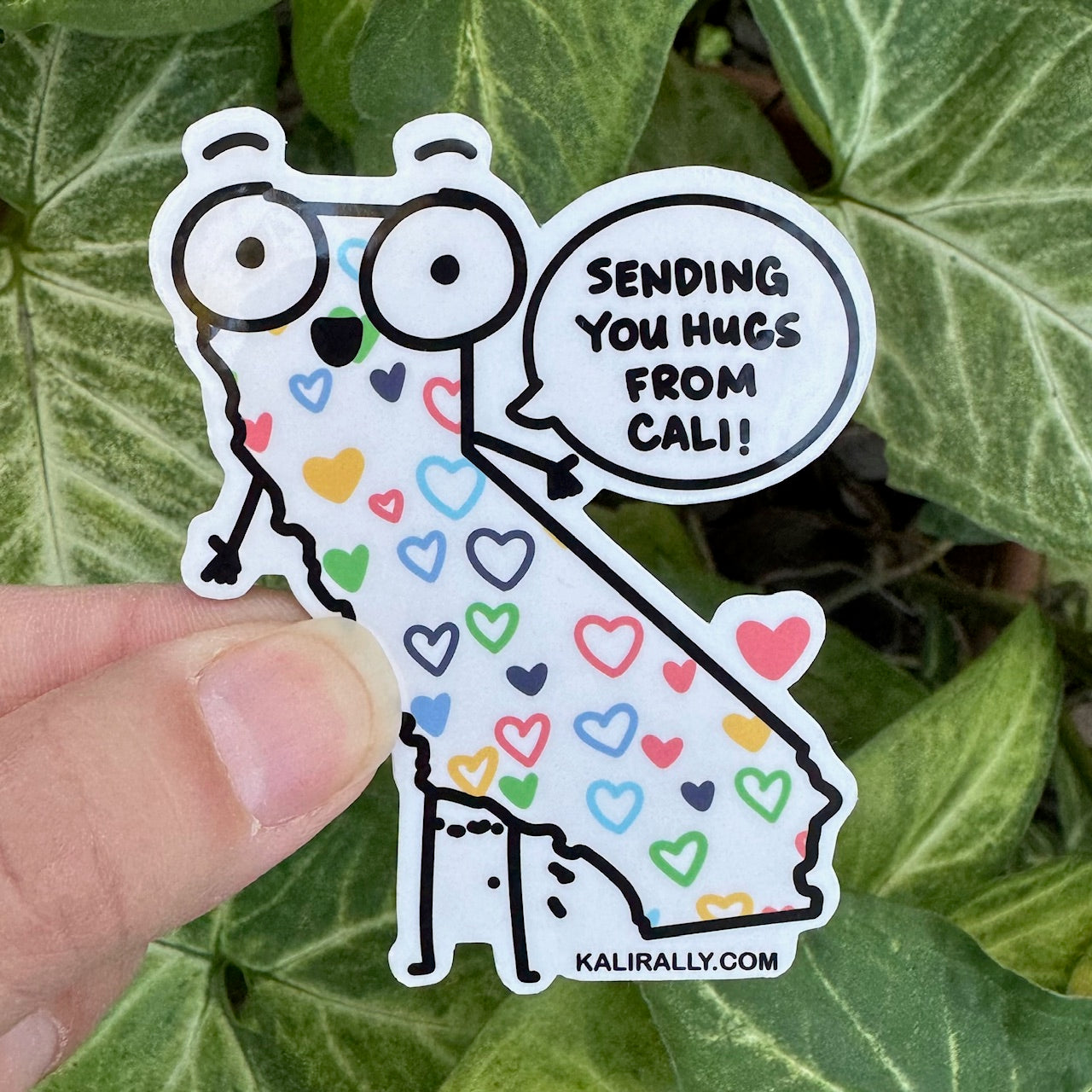 Sending you hugs from California sticker featuring the state name, cute water resistant decal for long-distance friends and care packages Kalirally