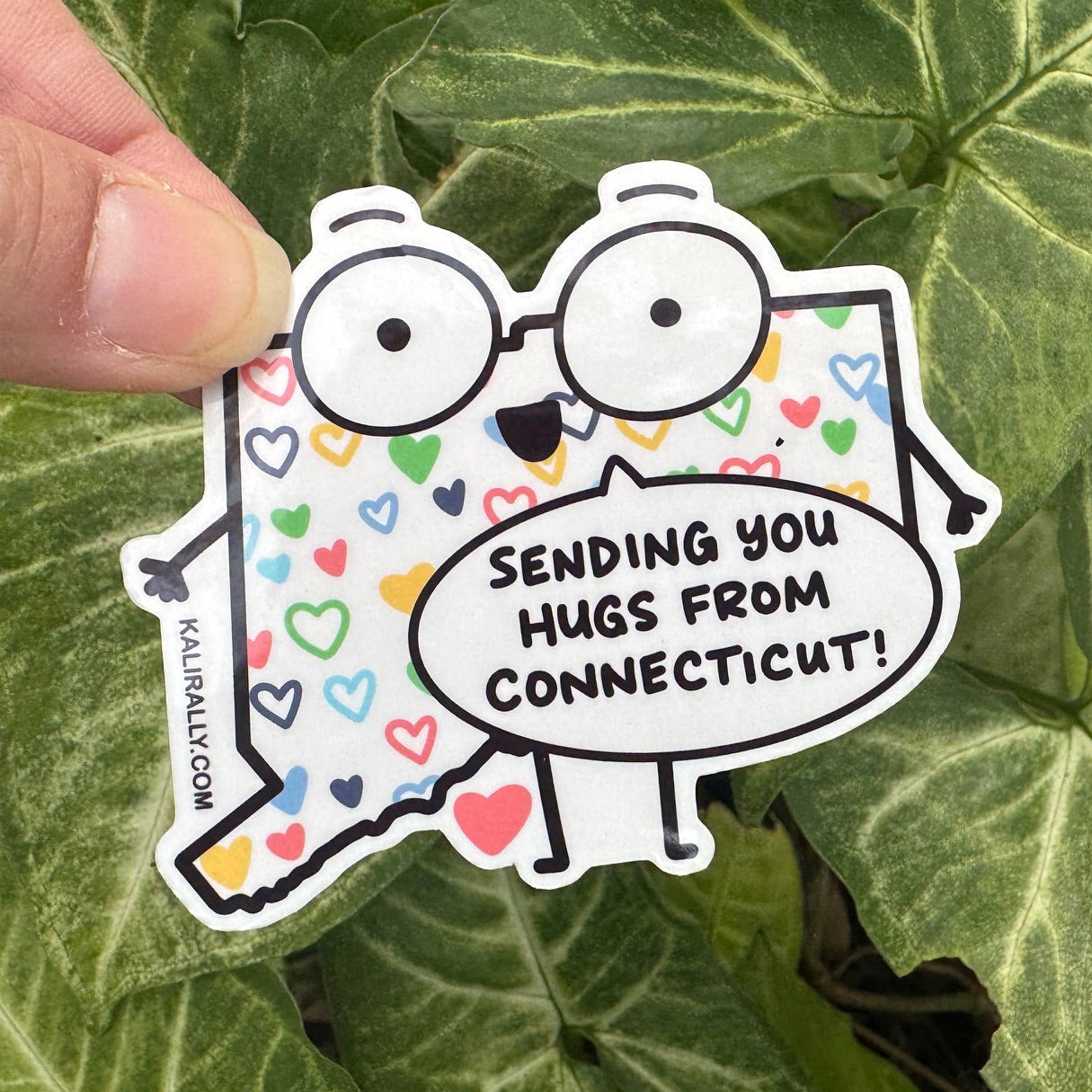 Sending you hugs from Connecticut sticker featuring the state name, cute water resistant decal for long-distance friends and care packages Kalirally