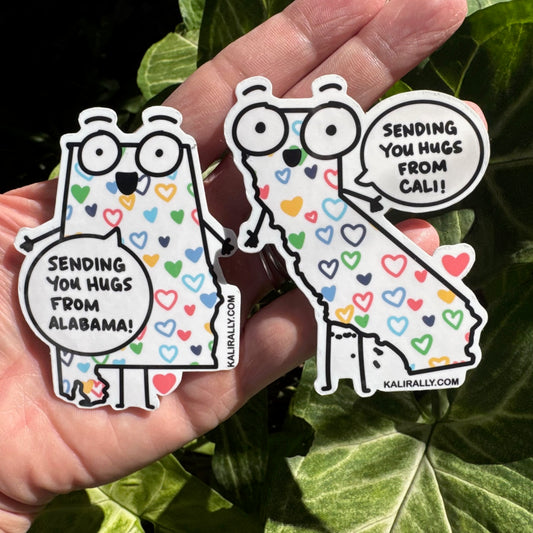 Sending you hugs from [State] sticker featuring the state name, cute water resistant decal for long distance friends and care packages Kalirally