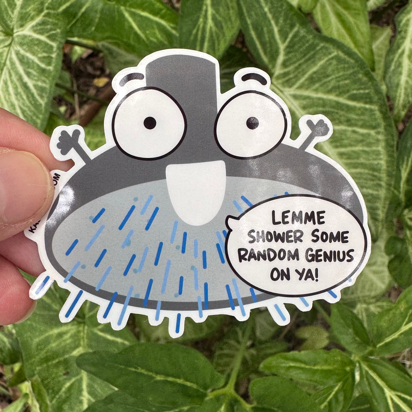 Shower Thoughts Sticker with cartoon and phrase “Lemme Shower Some Random Genius on Ya!” perfect for laptops, water bottles, or journals, by Kalirally
