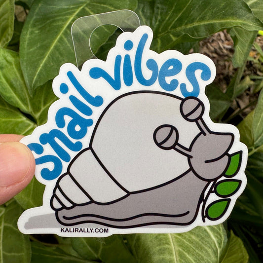 Cartoon snail sticker with garden theme, fun nature decal for gardeners, snail design by Kalirally.