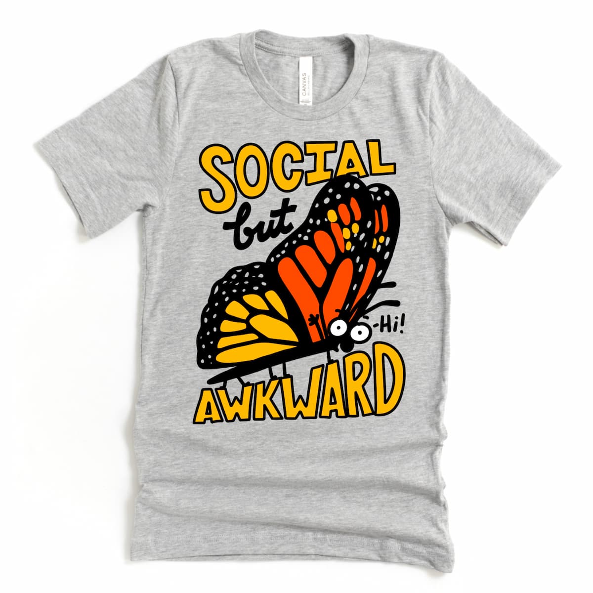 Socially Awkward Shirt Athletic Grey with cartoon monarch butterfly – Social But Awkward Tee by Kalirally