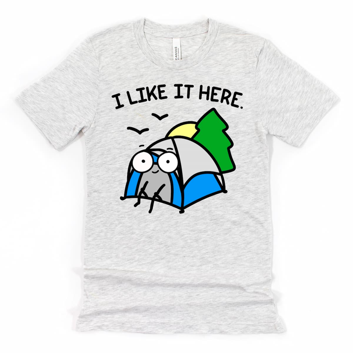 Solitude Camping Shirt in Heather Ash with camping tent design and “I like it here” phrase, by Kalirally