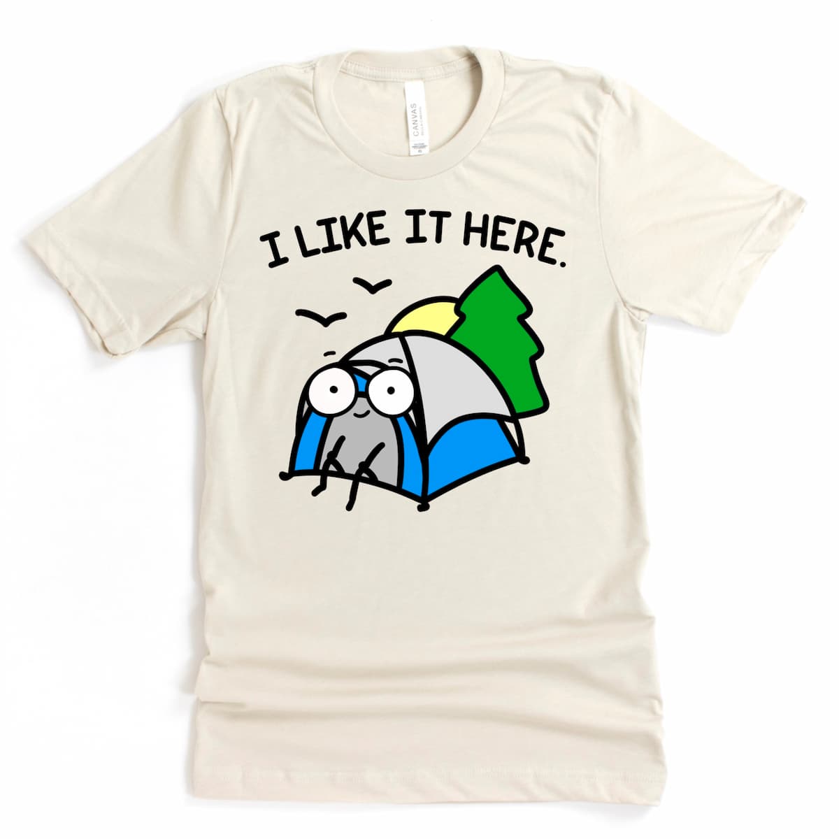 Solitude Camping Shirt in Heather Dust with tent graphic and camping quote “I like it here,” by Kalirally