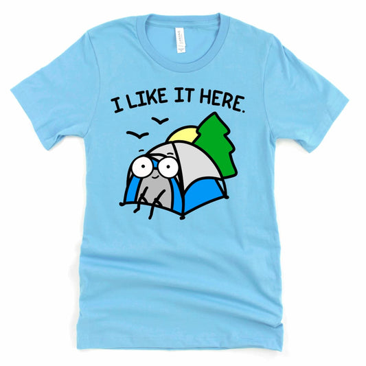 Solitude Camping Shirt in Ocean Blue with tent illustration and “I like it here” phrase, by Kalirally