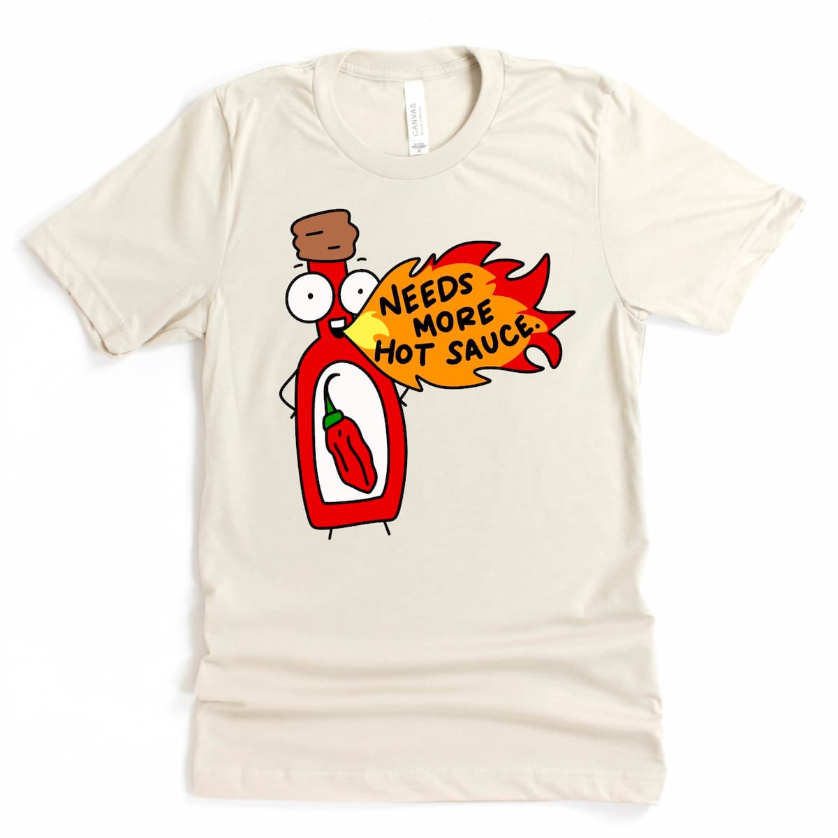 Spicy Food Graphic Tee in Heather Ash with cartoon hot sauce bottle and humorous design, by Kalirally