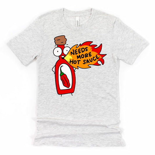 Spicy Food Graphic Tee in Heather Ash with cartoon hot sauce bottle and humorous design, by Kalirally