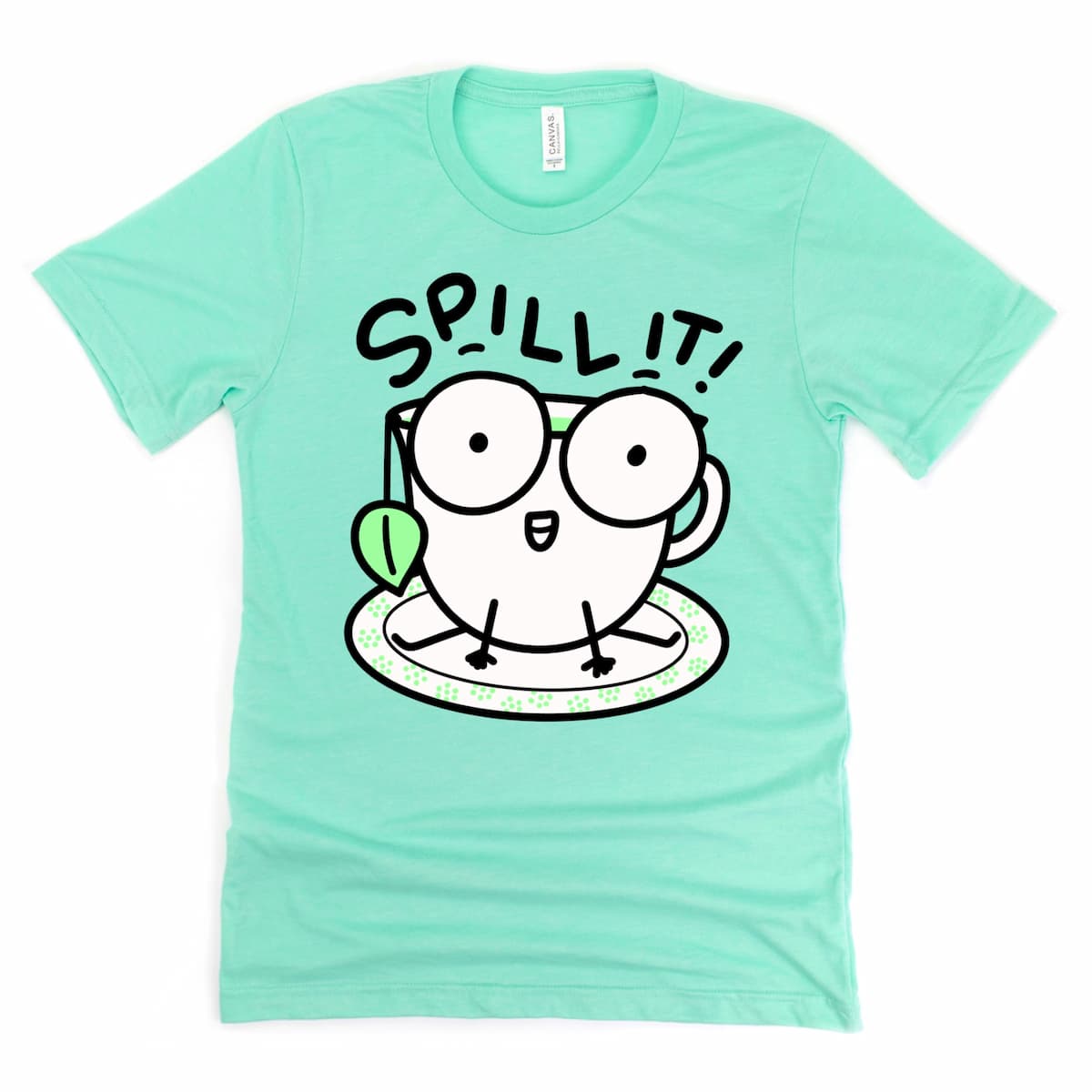 Heather mint green spill the tea shirt with cute teacup graphic – funny gossip tee by Kalirally
