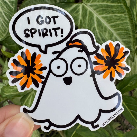 Spirited Ghost Sticker with cartoon ghost cheering “I got spirit!”, Halloween cheerleader decal by Kalirally