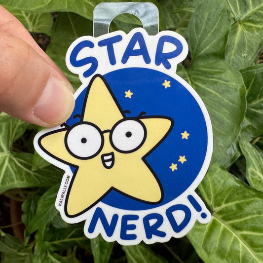 Cartoon stargazer sticker looking at Aries constellation, Star Nerd design by Kalirally