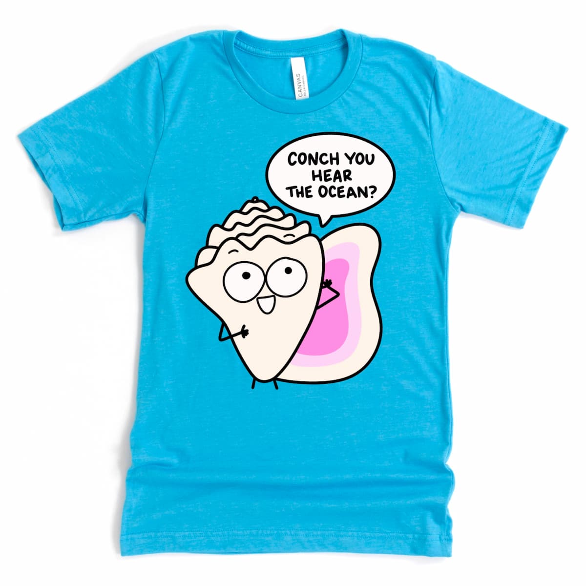 Fun summer graphic tee with cute conch shell illustration and beach pun, pictured in Heather Aqua by Kalirally