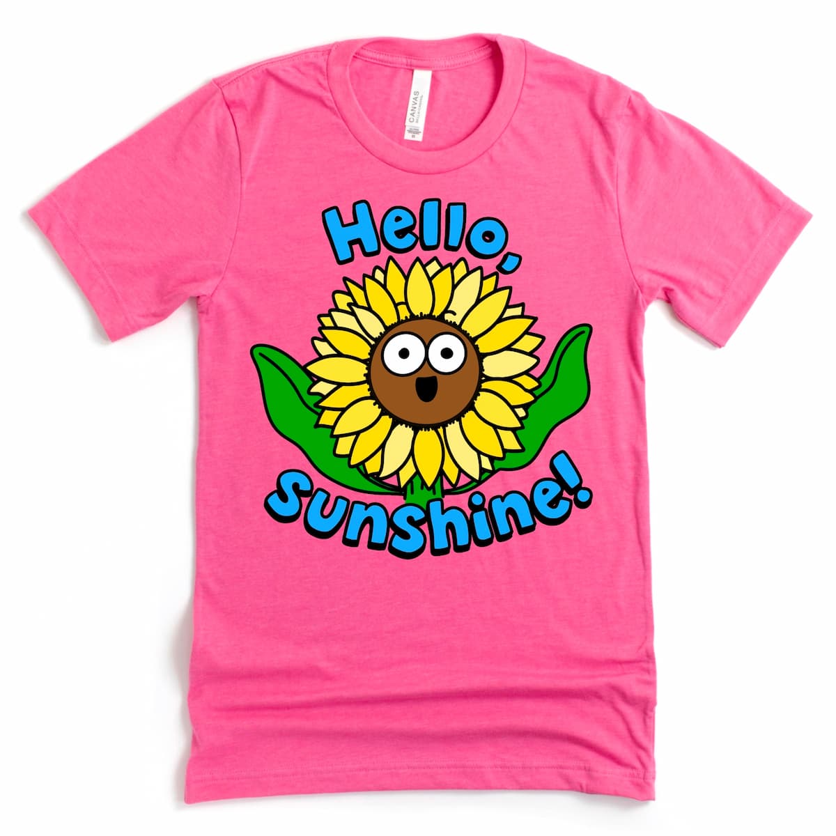 Close-up of sunflower t shirt with Hello Sunshine message on Heather Charity Pink – Kalirally