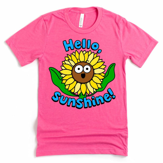 Close-up of sunflower t shirt with Hello Sunshine message on Heather Charity Pink – Kalirally