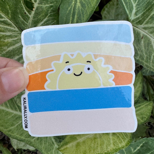 Cartoon sun sticker, sunrise or sunset decal, water resistant and whimsical for laptops, journals, and water bottles Kalirally