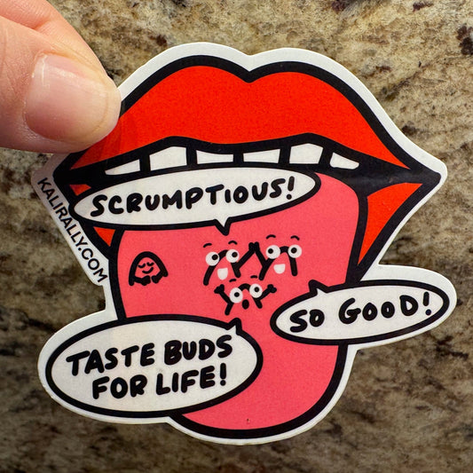 Taste Buds Sticker by Kalirally featuring cartoon taste buds on a tongue sticking out of a mouth, glossy vinyl water bottle sticker, perfect for laptops, bottles, notebooks, and gifts.