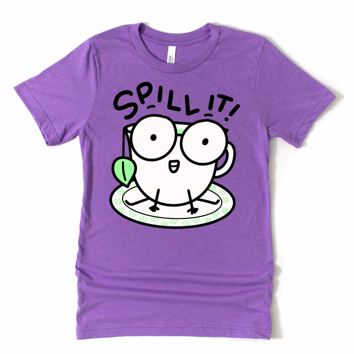 Heather purple tea t shirt with wide-eyed teacup illustration – Kalirally funny gossip shirt