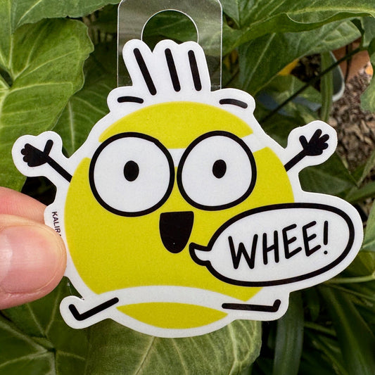 Cute cartoon tennis ball sticker with smiling face and “Whee!” design, fun tennis decal by Kalirally.
