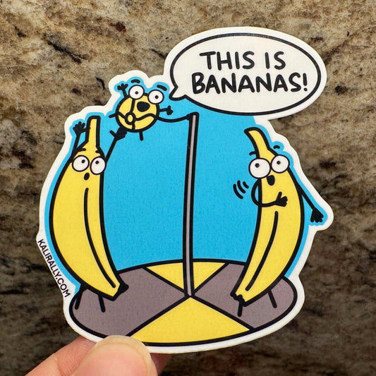 Tetherball Sticker by Kalirally featuring “This Is Bananas” with two bananas playing tetherball, glossy vinyl water bottle sticker, perfect for laptops, bottles, notebooks, and gifts.