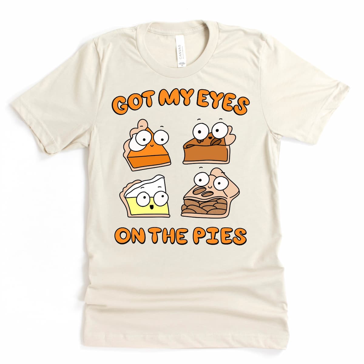 Thanksgiving pie cartoon graphic tee with pumpkin, pecan, lemon meringue, and apple pie in Heather Dust by Kalirally.