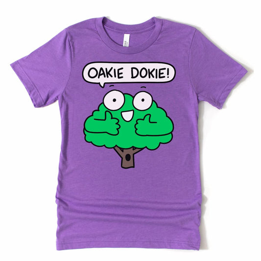 Oakie Dokie Cartoon tree shirt in heather purple, nature-inspired tee by Kalirally