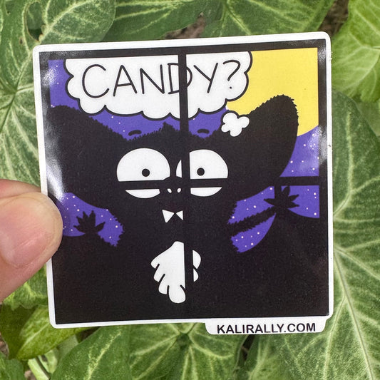 Fun cartoon Halloween sticker featuring a bat with a candy sign, festive waterproof vinyl decal by Kalirally.