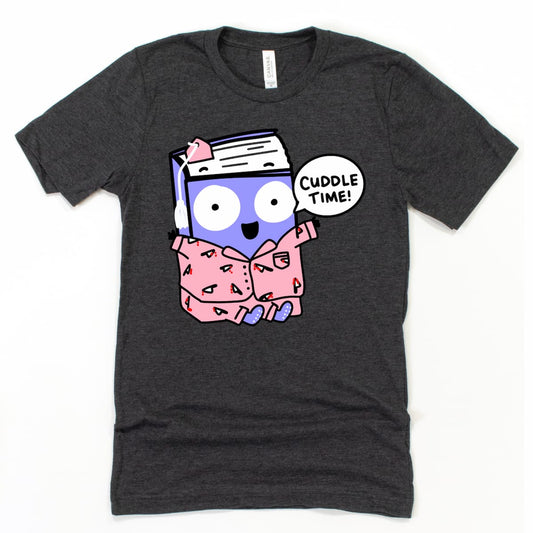 True Crime Shirt in Heather Dark Grey featuring cartoon book in pajamas with bloody knives saying “Cuddle Time!”, by Kalirally