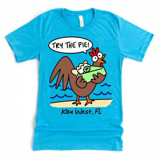 A cartoon rooster holding key lime pie on aqua Florida Keys shirt by Kalirally