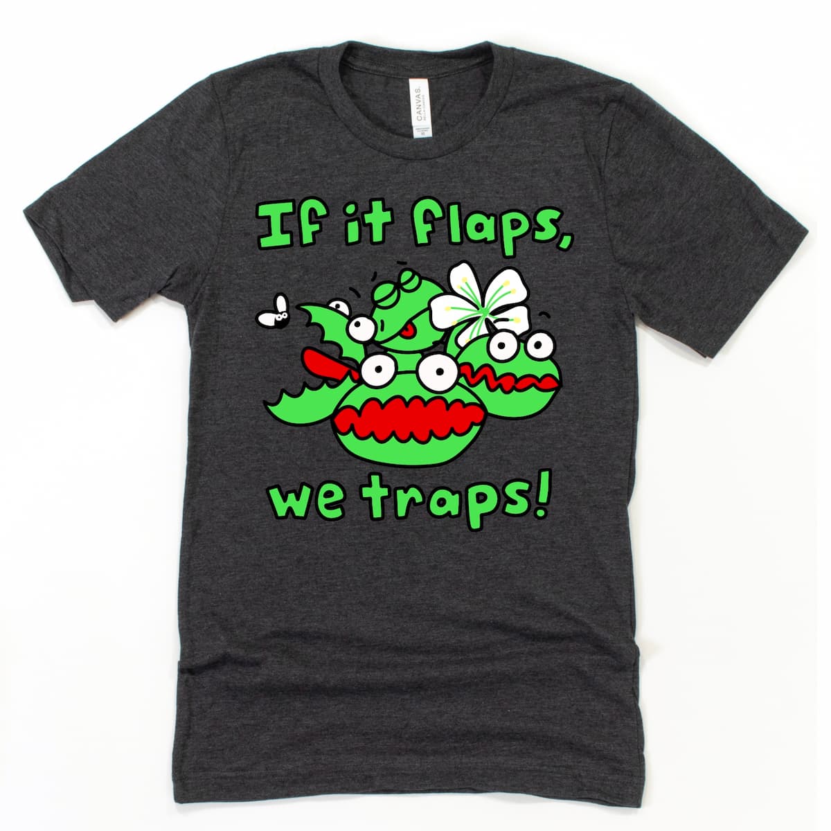 Venus fly trap t shirt in heather dark grey with bold, moody carnivorous plant print – Kalirally