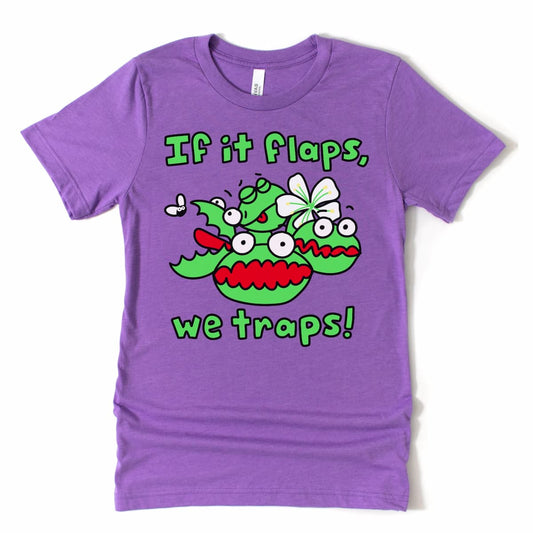 Venus fly trap t shirt in heather team purple with bold plant design – Kalirally