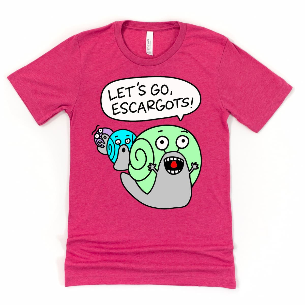 Raspberry pink funny snail t shirt with three escargots and “Let’s Go, Escargots!” design, quirky tee by Kalirally