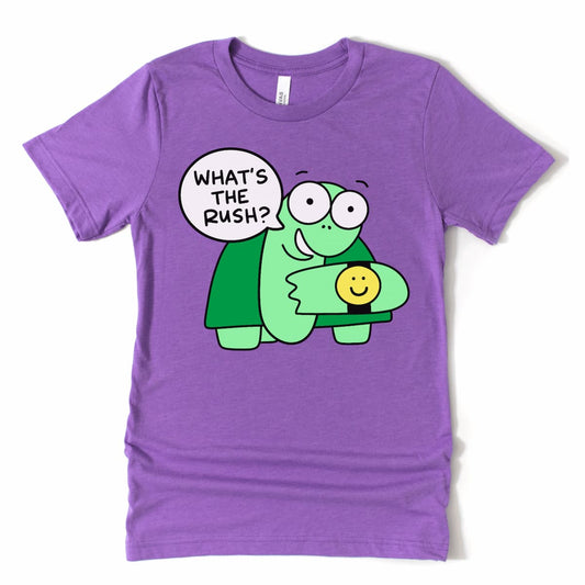 Playful turtle t-shirt in Heather Team Purple featuring a slow-living turtle with a bright smiley-face watch