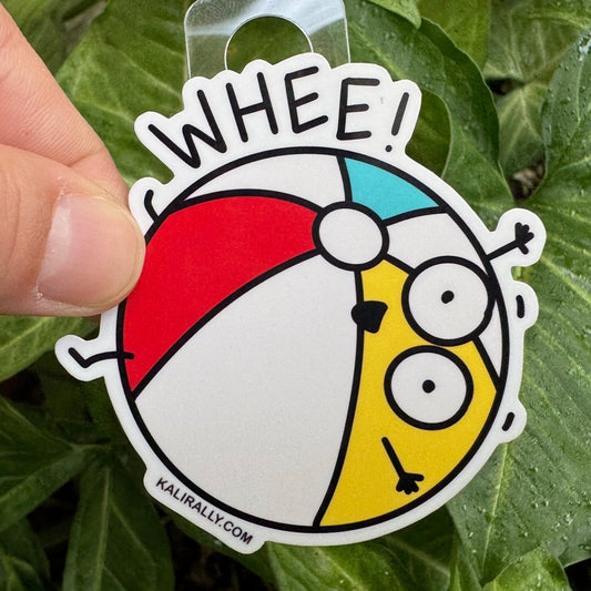 Colorful cartoon beach ball bouncing with the word “Whee!” — a playful beach-themed vinyl sticker, by Kalirally