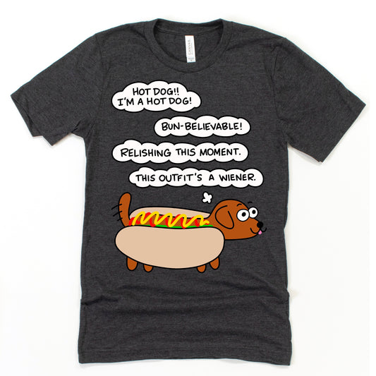 Wiener Dog Hot Dog Shirt in Heather Dark Grey with cartoon dachshund hot dog design, by Kalirally