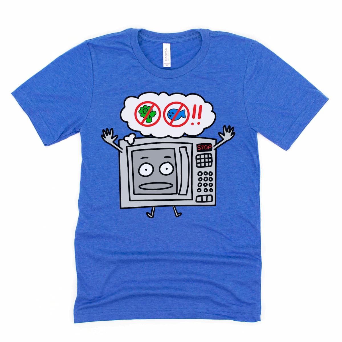 Funny t shirt for work with a silent microwave message – no fish, no broccoli. Graphic tee in Heather Royal Blue, perfect for the office. By Kalirally.
