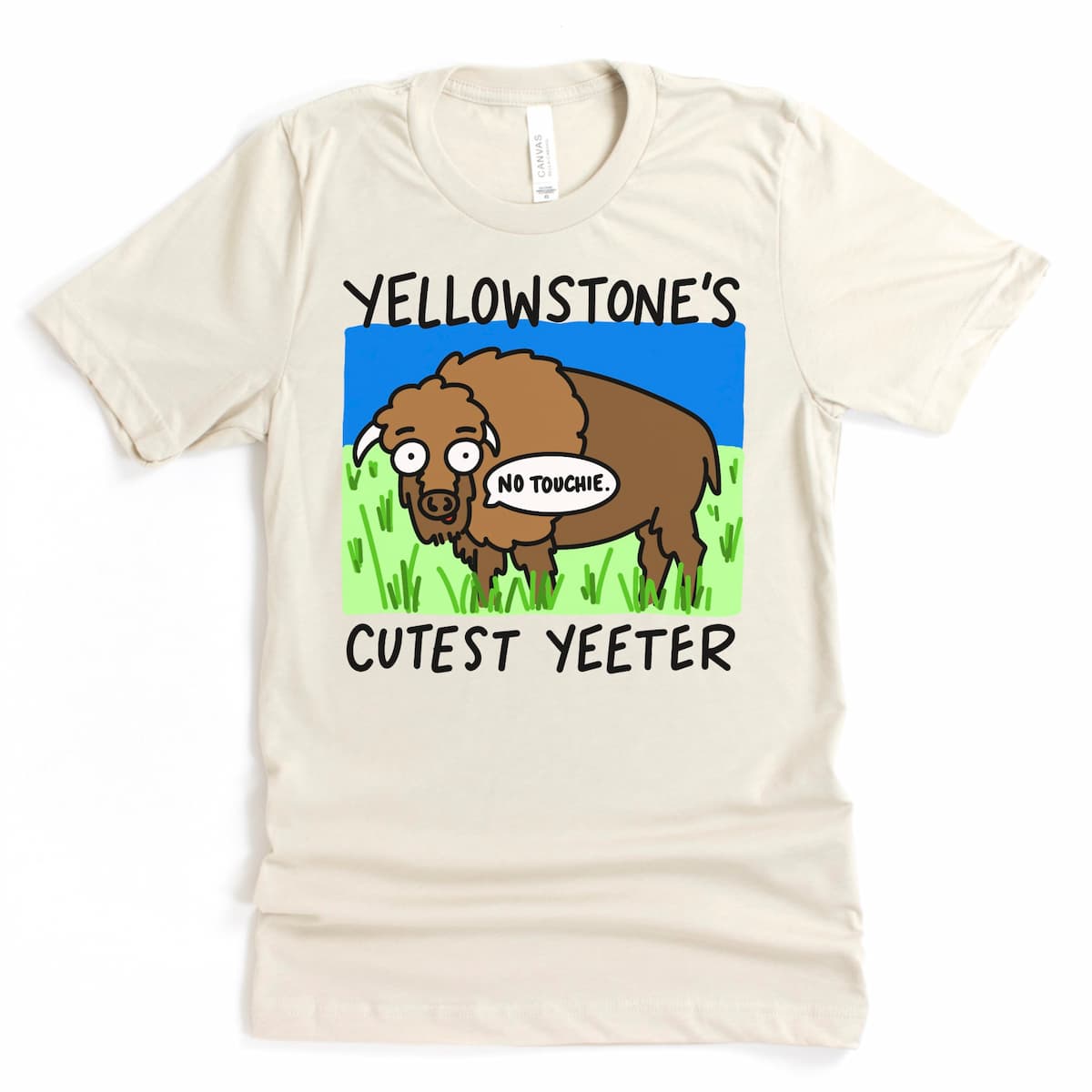 Yellowstone T Shirt in Athletic Heather featuring cartoon bison saying “No touchie” with “Yellowstone’s Cutest Yeeter” phrase, by Kalirally