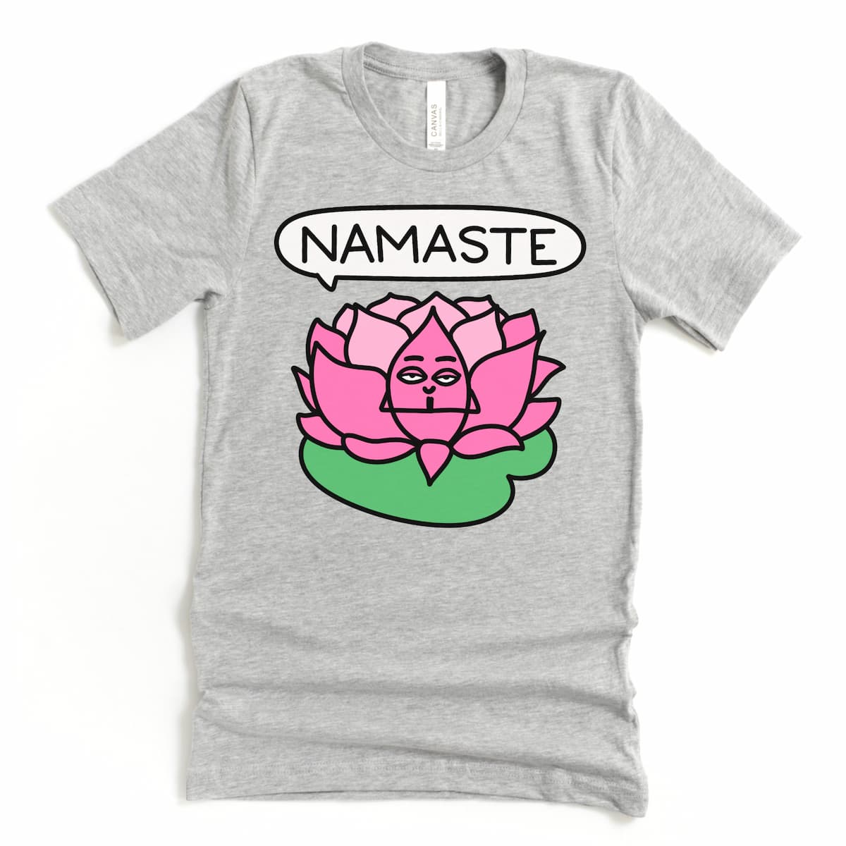 Flat lay of athletic heather yoga shirt with calming lotus design and namaste – cute yoga gift, by Kalirally