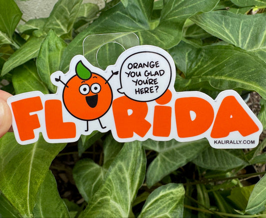 Cute Florida sticker with smiling orange and pun, "Orange you glad you're here?," held over green leaves, by Kalirally
