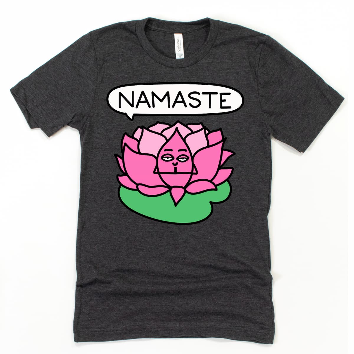 Heather dark grey women’s yoga t-shirt with meditating lotus illustration – flat lay style, by Kalirally