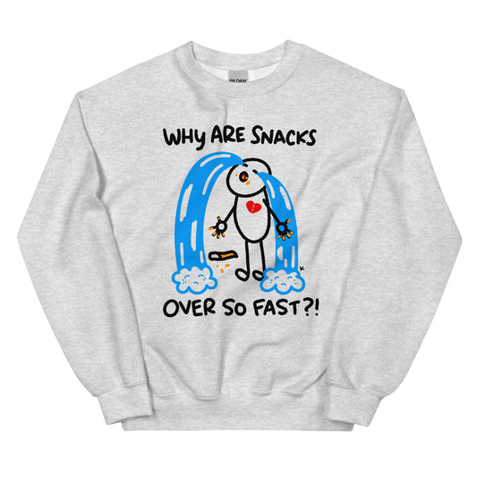 Indulge in the ultimate comfort and humor with our Funny Snacks Sweatshirt! Featuring the witty phrase "Why are snacks over so fast?!", this unisex sweatshirt is perfect for those who appreciate a good word play. Stay cozy and entertained all day long.